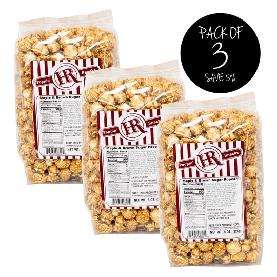 Maple & Brown Sugar Popcorn | Pack of 3 | 8 oz. | HR Poppin' Snacks | Made in Gibbon, NE