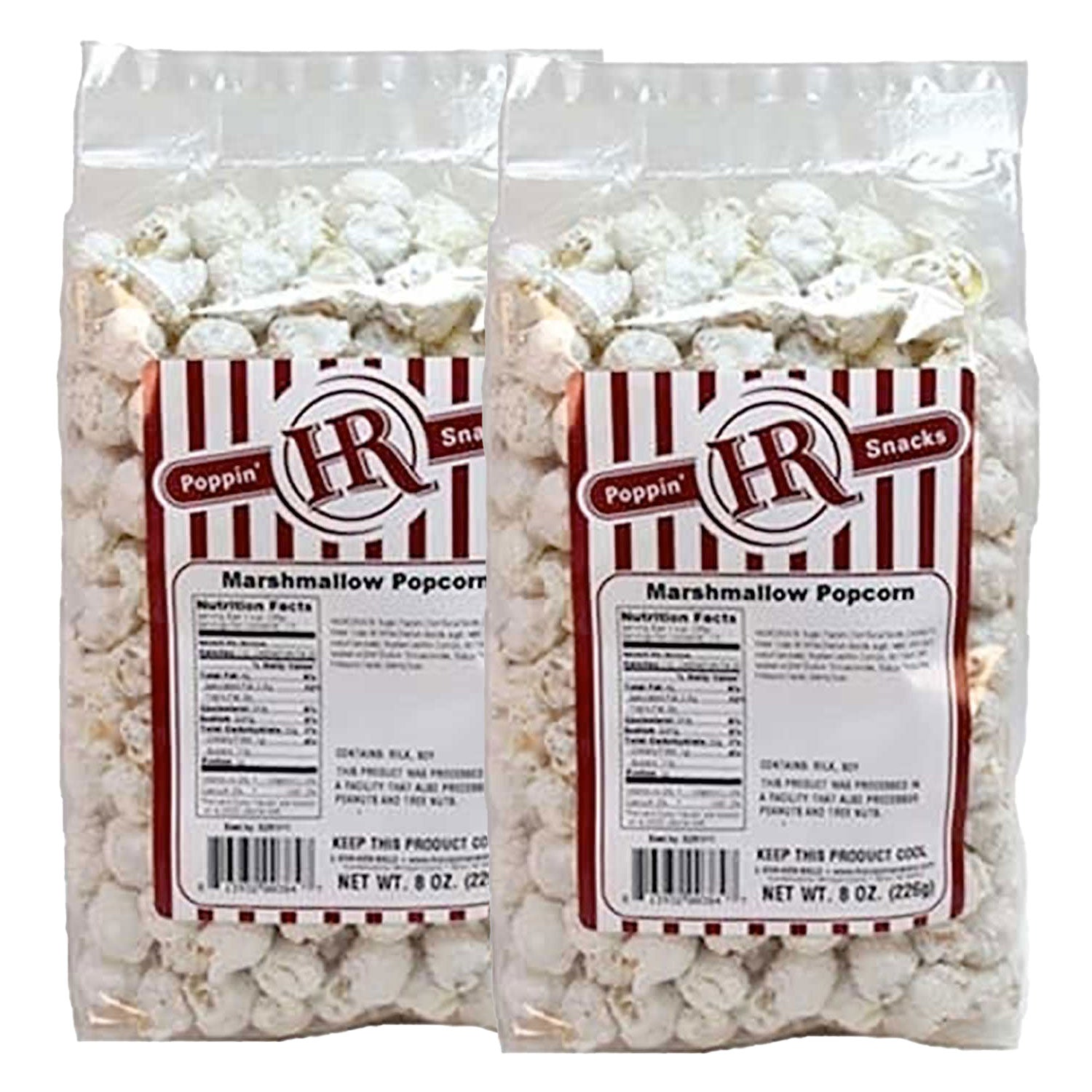 Two packages of marshmallow popcorn with red and white labels on a white background