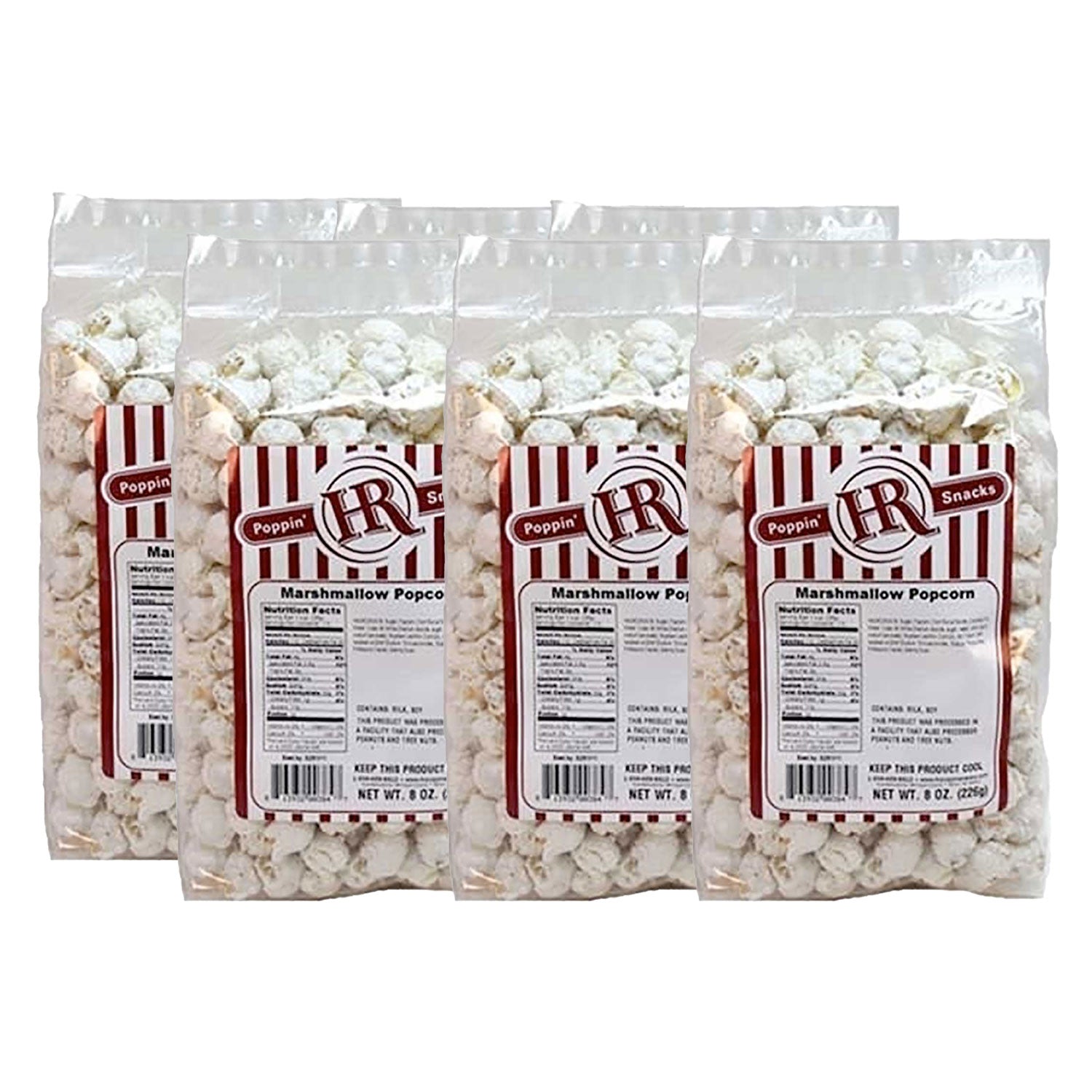 Six packages of marshmallow popcorn with red and white labels on a white background