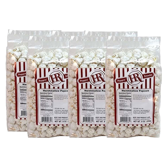 Six packages of marshmallow popcorn with red and white labels on a white background