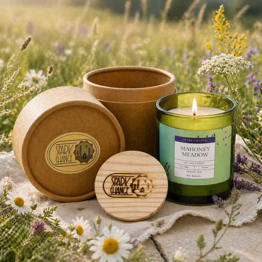 Candle with wooden packaging in a field of flowers