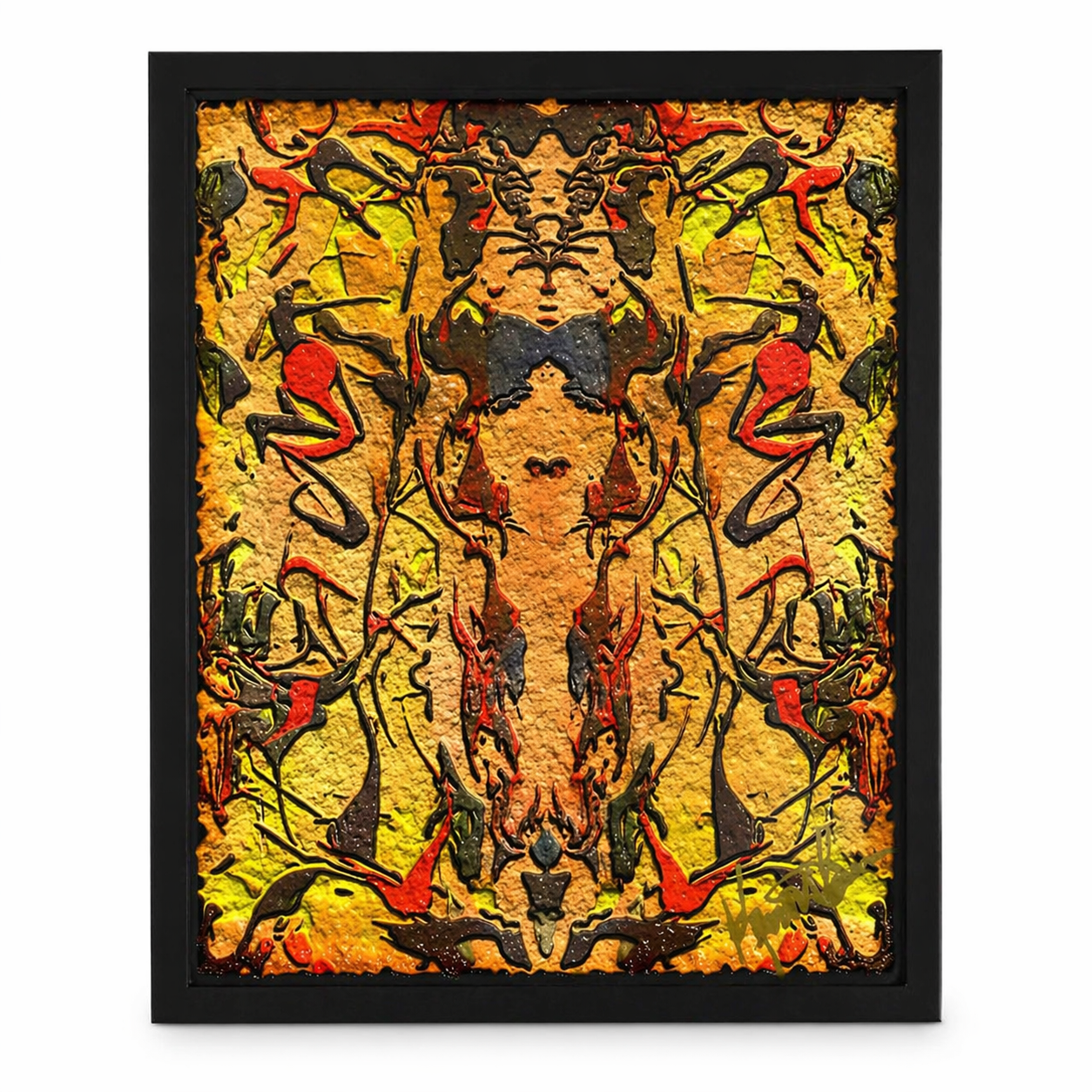 Framed abstract artwork with a central figure and symmetrical patterns on a textured background.