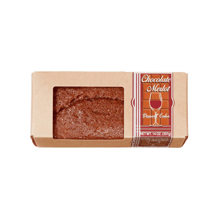 Packaged chocolate dessert cake with 'Chocolate Merlot' label on a white background