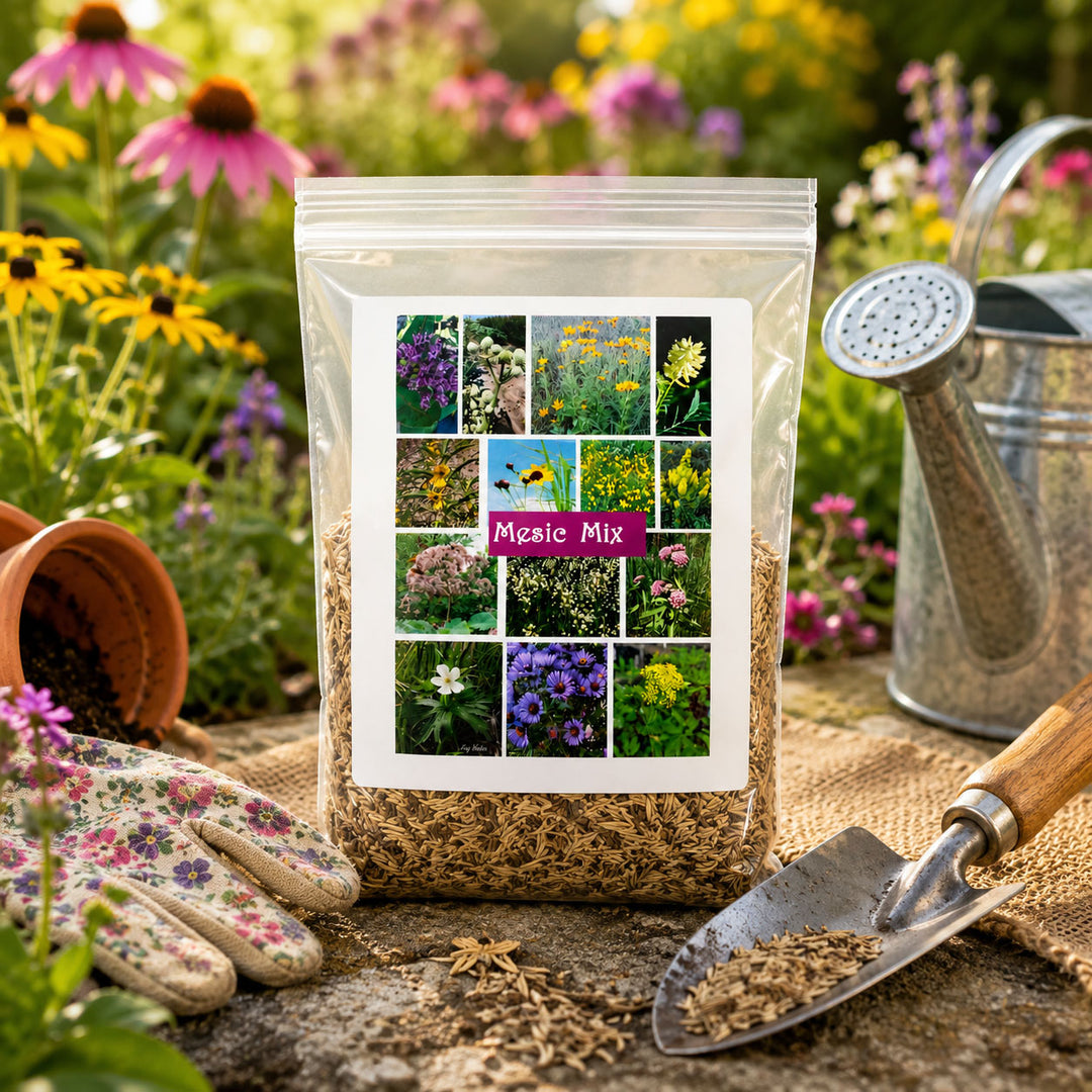Bag of seeds labeled 'Meadow Mix' with gardening tools and flowers in the background