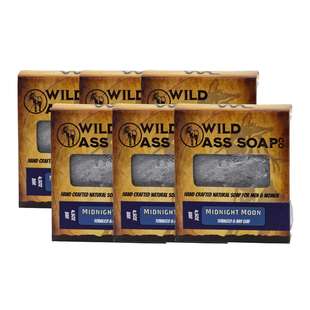 Six bars of Wild Ass Soap packaging on a white background