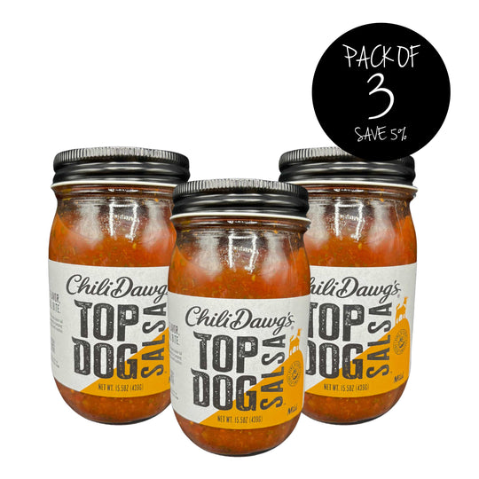 Mild Salsa | Top Dog | Pack of 3 | 15.5 oz. | Mild Spice | Made With Fresh, Vine-Ripened Tomatoes | Made in Blair, NE | Chili Dawg's Foods of Fire