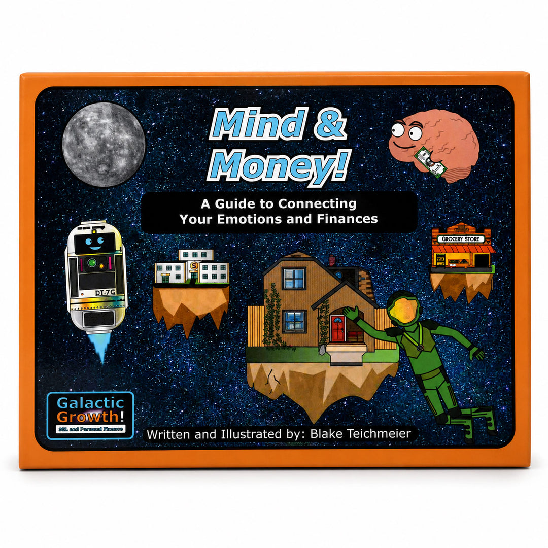A square book cover titled "Mind & Money!" with an orange border and a dark starry space background. The cover includes cartoon illustrations of a moon, a brain, a robot, houses on floating islands, and a person in a green suit, plus the text "A Guide to Connecting Your Emotions and Finances" and "Galactic Growth!" by Blake Teichmeier.