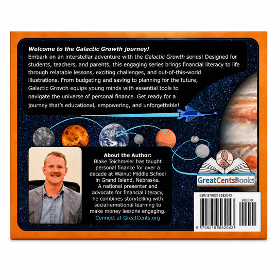 Back cover of a book titled 'Welcome to the Galactic Growth journey!' with a dark space-themed background, orange border, text blocks, a small author photo, a GreatCentsBooks logo, and a barcode.