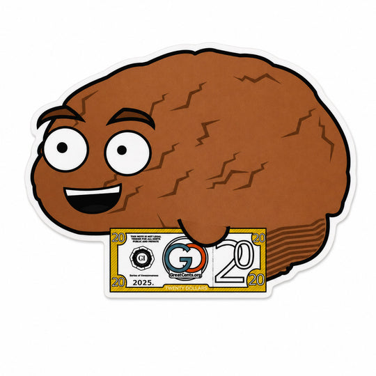 A die-cut sticker featuring a cartoon brown brain character with a smiling face and a novelty $20 bill graphic at the bottom, shown on a plain white background.