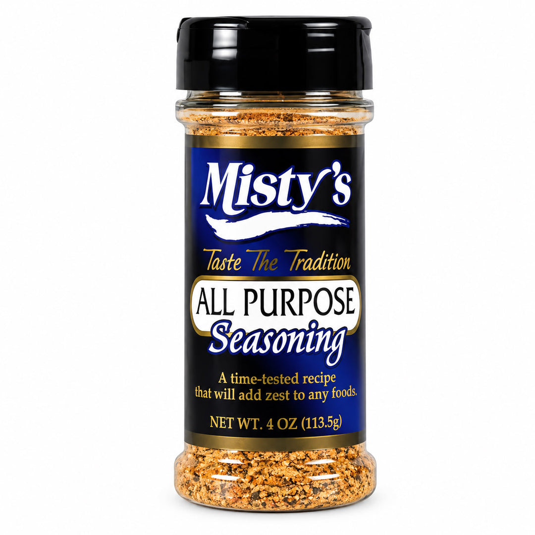 A 4 oz plastic bottle of Misty's All Purpose Seasoning with a black shaker lid and a blue label, shown on a white background.