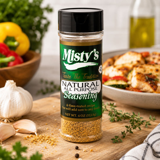 Bottle of Misty's Natural All Purpose Seasoning on a wooden surface with ingredients in the background