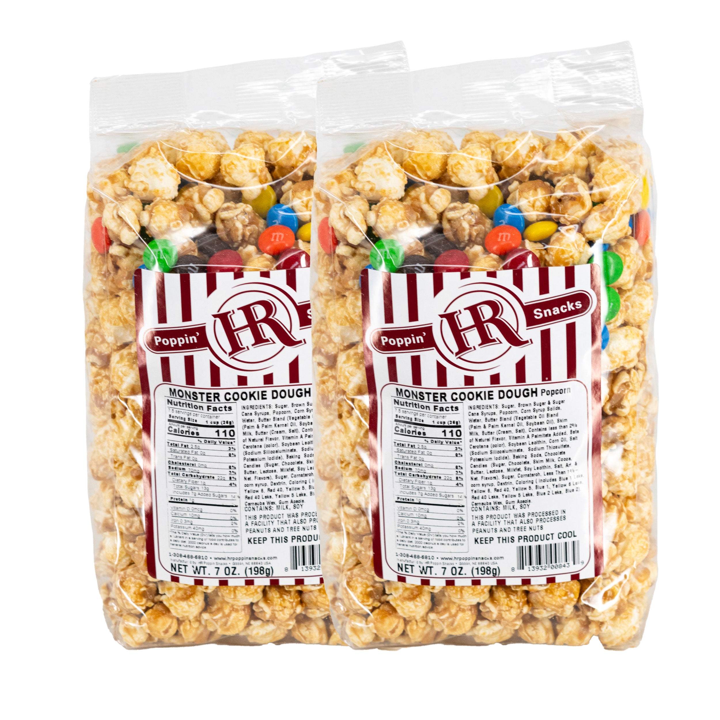 Two bags of popcorn with M&M's and a visible label on a white background