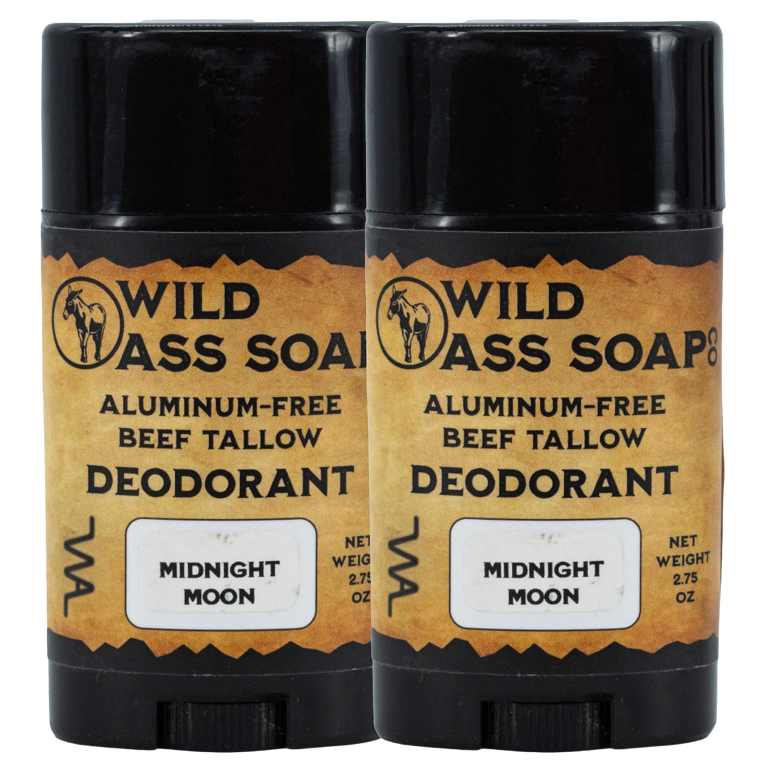 Two sticks of Wild Ass Soap Aluminum-Free Beef Tallow Deodorant on a white background