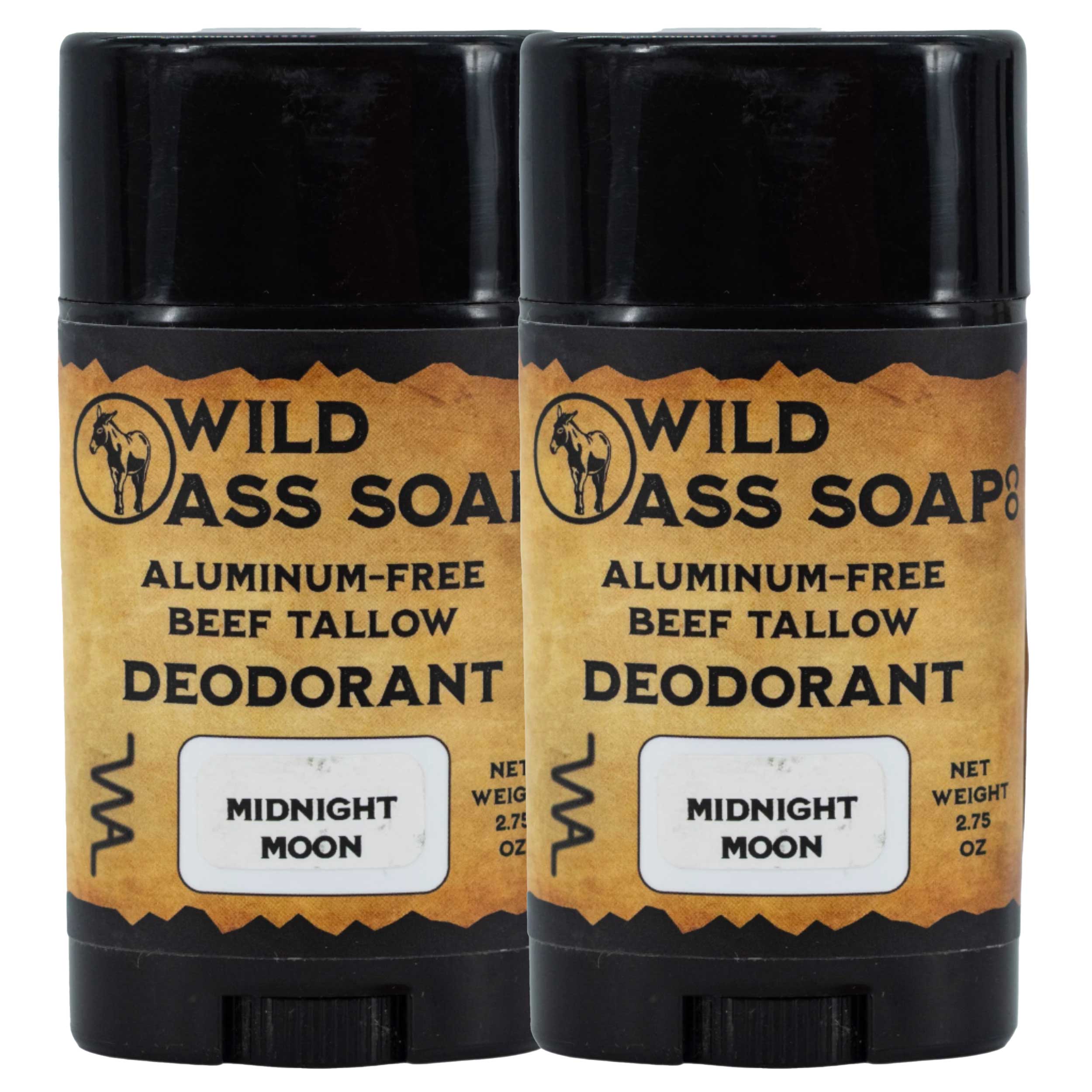Two sticks of Wild Ass Soap Aluminum-Free Beef Tallow Deodorant on a white background
