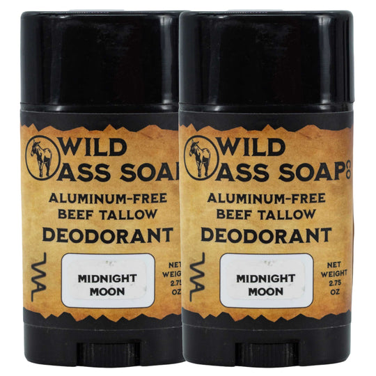 Two sticks of Wild Ass Soap Aluminum-Free Beef Tallow Deodorant on a white background