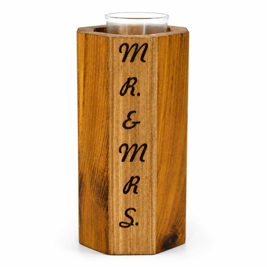 Wooden vase with 'MR & MRS' engraving on a white background