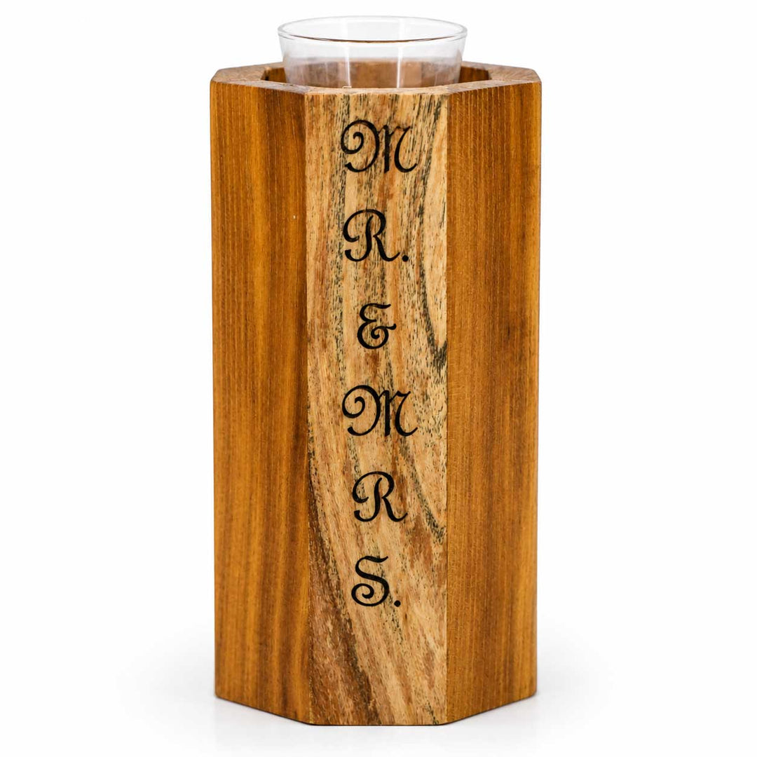 Wooden vase with 'MR & MRS' engraving on a white background