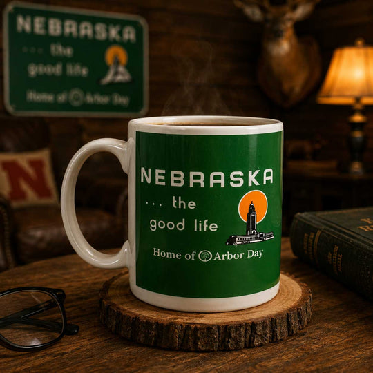 A white ceramic mug with a green Nebraska-themed graphic sits on a rustic wood slice coaster on a wooden table. The mug features the text 'NEBRASKA .
