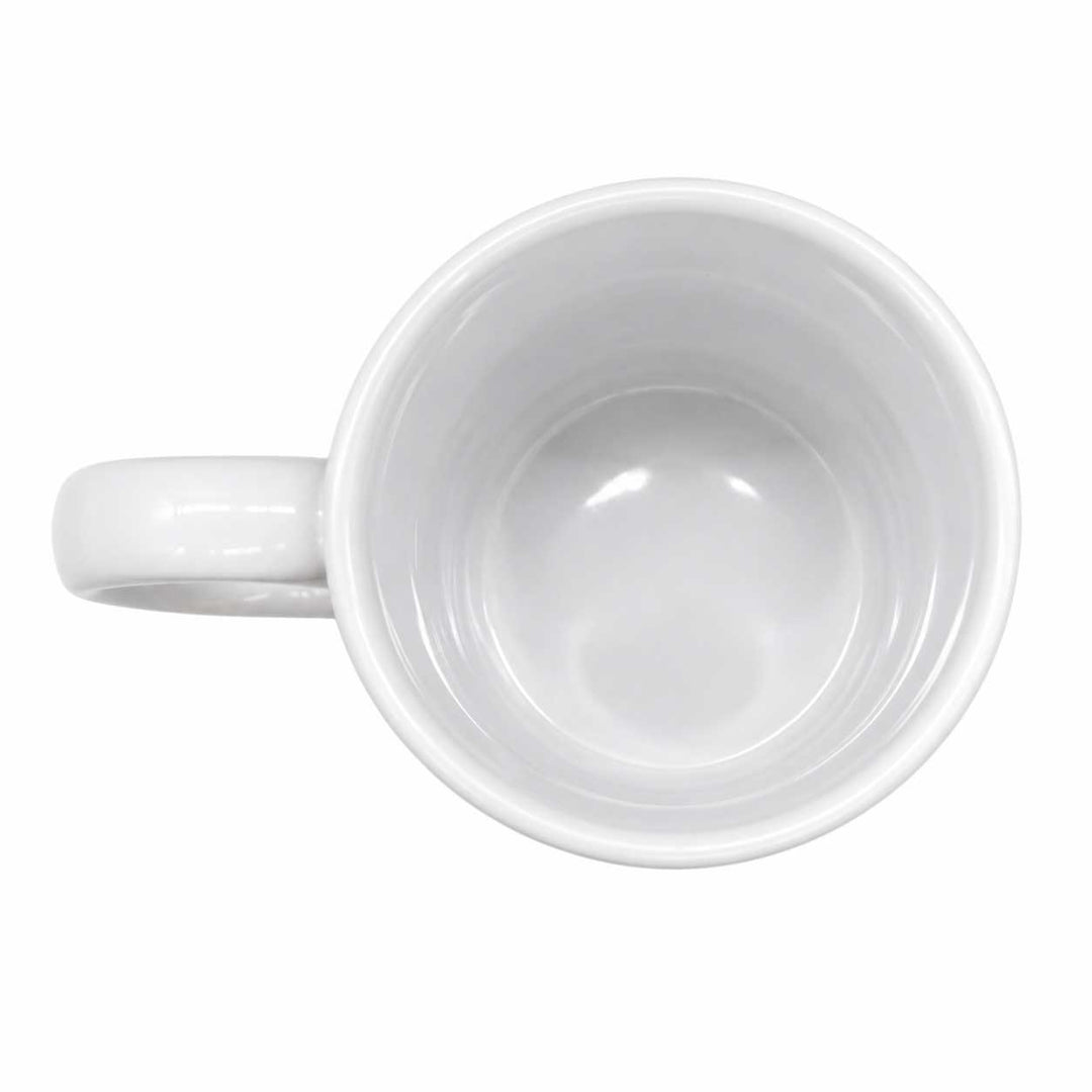 A white ceramic mug shown from a top-down view, highlighting its smooth glossy interior and handle against a solid white background.