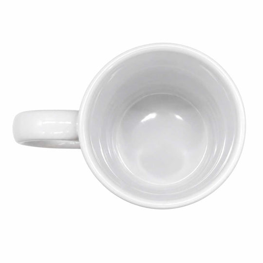 A white ceramic mug shown from a top-down view, highlighting its smooth glossy interior and handle against a solid white background.