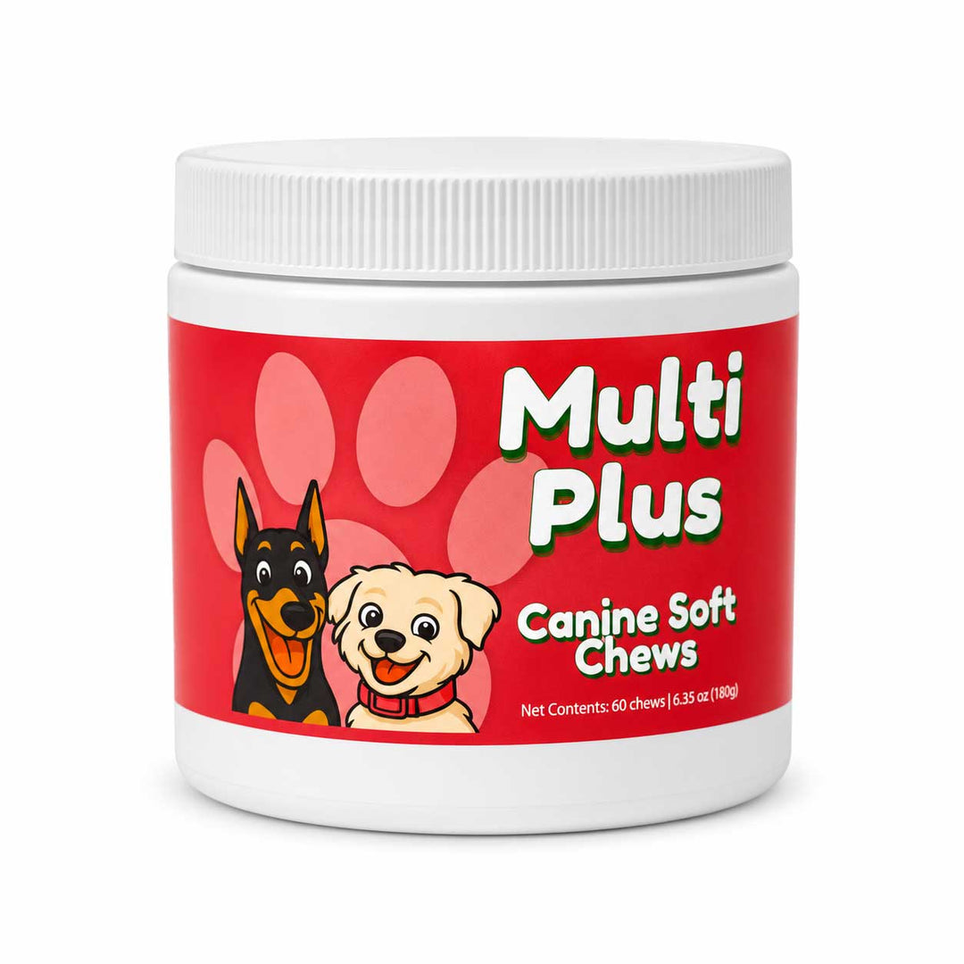 A white plastic jar of Multi Plus Canine Soft Chews with a red label featuring cartoon dog illustrations and a pink paw print background.
