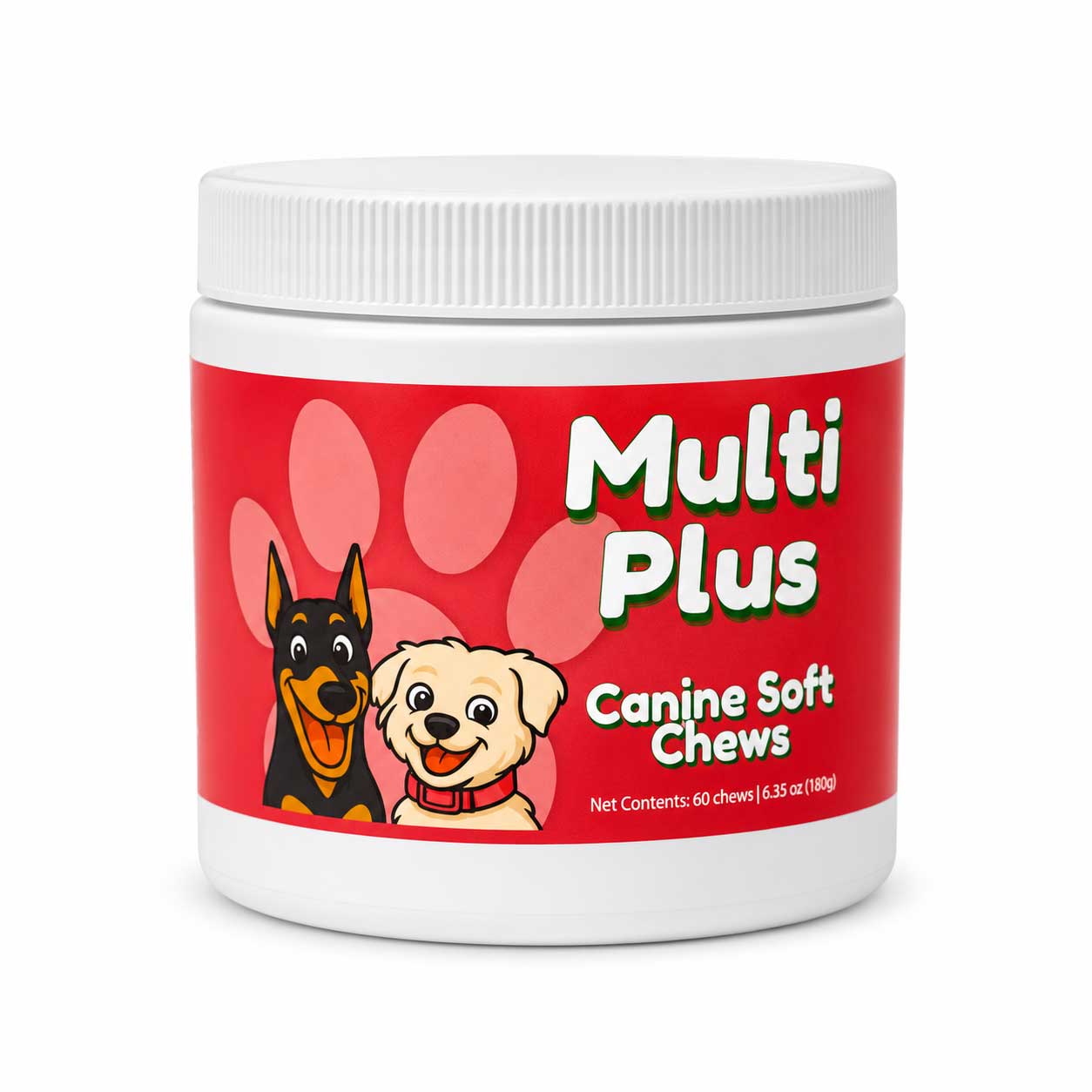 A white plastic jar of Multi Plus Canine Soft Chews with a red label featuring cartoon dog illustrations and a pink paw print background.