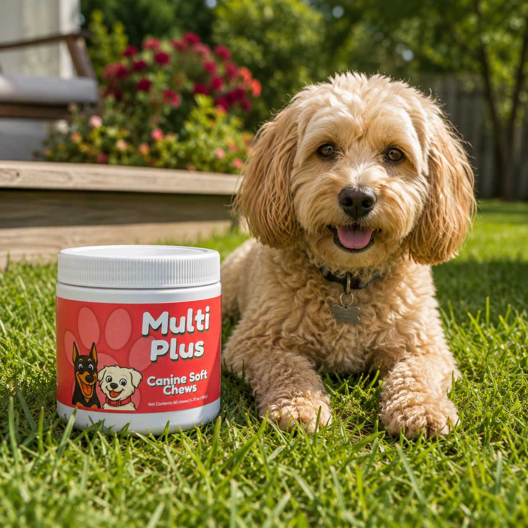 A fluffy light brown dog lies on green grass next to a white plastic tub labeled 'Multi Plus Canine Soft Chews' with a red label, in an outdoor backyard setting.