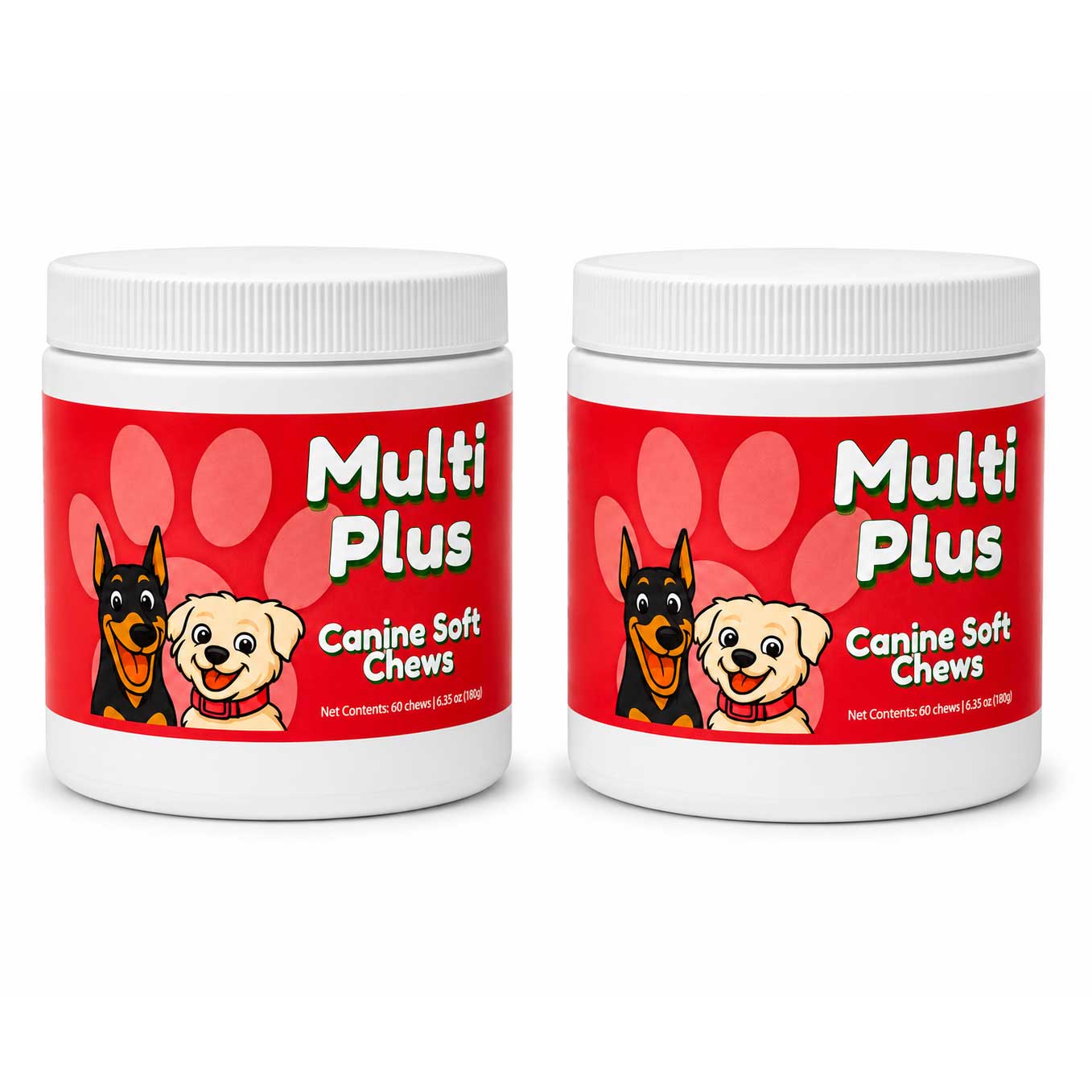 A white plastic jar of Multi Plus Canine Soft Chews with a red label featuring cartoon dog illustrations and a pink paw print background.