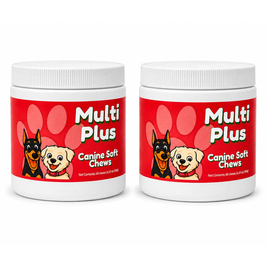 A white plastic jar of Multi Plus Canine Soft Chews with a red label featuring cartoon dog illustrations and a pink paw print background.