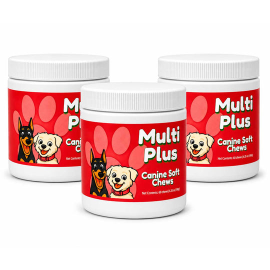 Three white plastic jars of Multi Plus Canine Soft Chews with red labels, arranged in a studio shot on a white background.