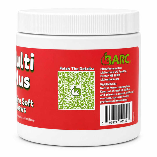 A white plastic jar of LivHerbals Multi Plus Soft Chew treats with a bright red label, featuring a green logo, QR code, and product details.