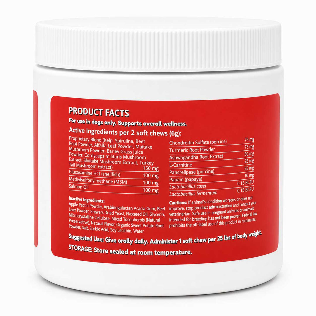 A white plastic tub of pet supplement powder with a large red label showing product facts in white text. The tub is photographed on a clean white background.
