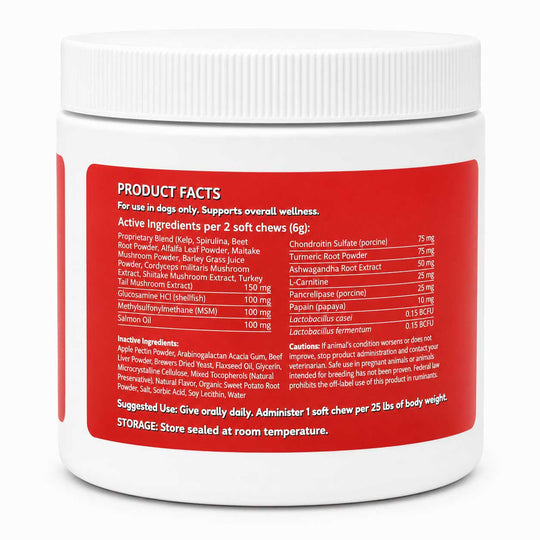 A white plastic tub of pet supplement powder with a large red label showing product facts in white text. The tub is photographed on a clean white background.