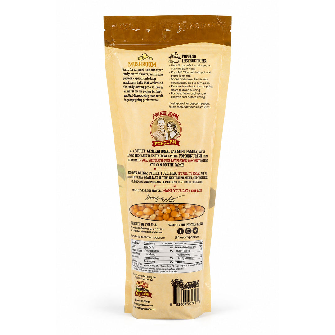 Back view of a popcorn bag with branding and nutritional information on a white background