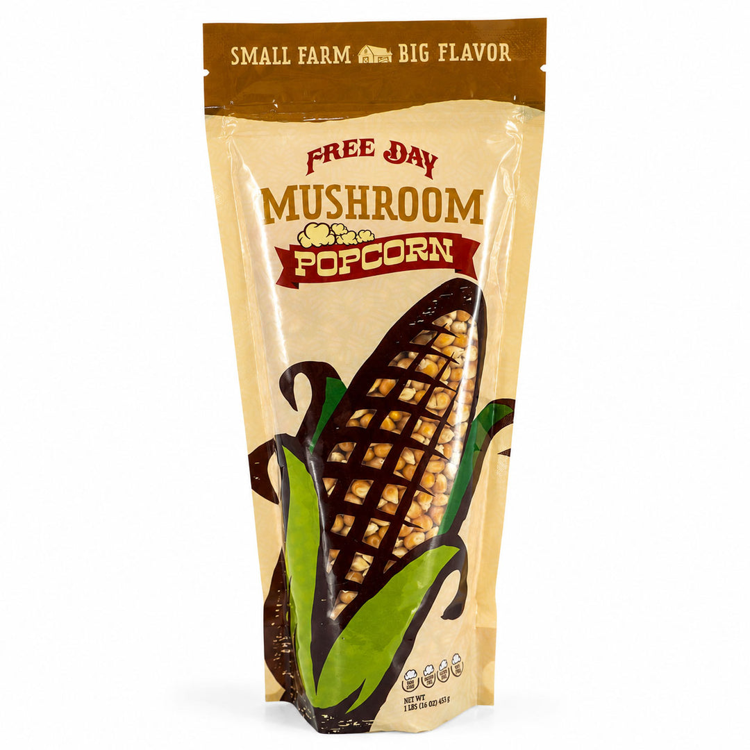 Package of Free Day Mushroom Popcorn with corn illustration on a white background