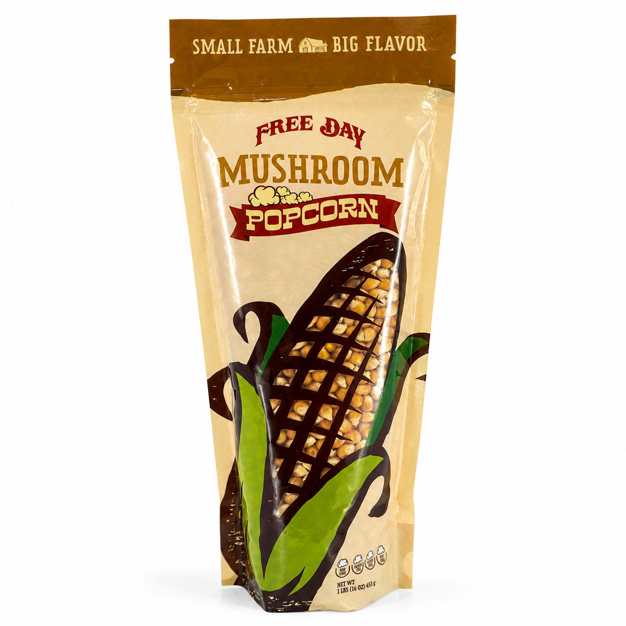 Package of Free Day Mushroom Popcorn with corn illustration on a white background