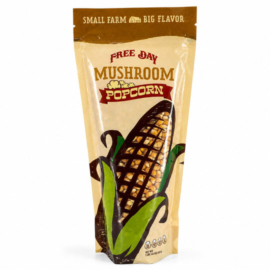 Package of Free Day Mushroom Popcorn with corn illustration on a white background