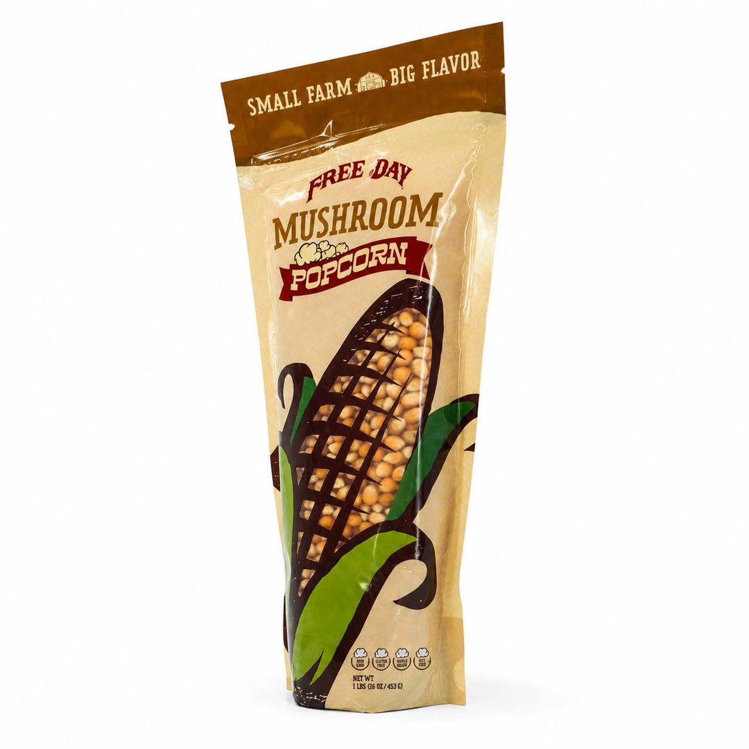 Package of Free Day Mushroom Popcorn with corn illustration on a white background