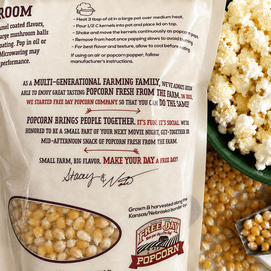 Popcorn kernel bag with branding and text, close-up of popcorn and kernels.