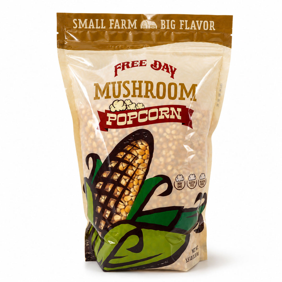 Bag of Free Day Mushroom Popcorn with corn illustration on a white background