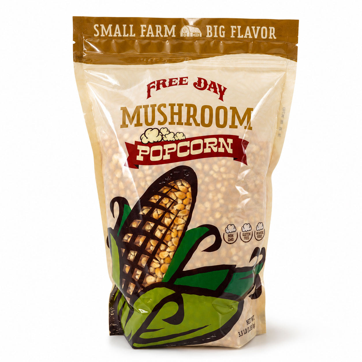 Bag of Free Day Mushroom Popcorn with corn illustration on a white background