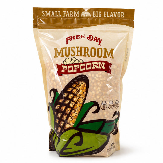 Bag of Free Day Mushroom Popcorn with corn illustration on a white background