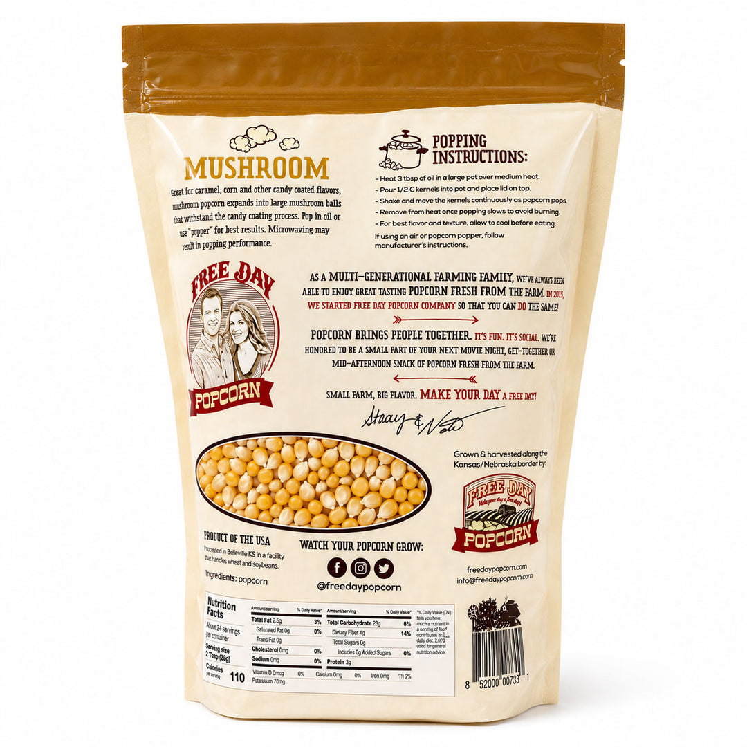 Free Day Popcorn mushroom popcorn bag with branding and popping instructions on a white background