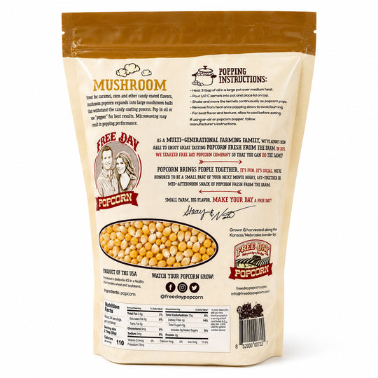 Free Day Popcorn mushroom popcorn bag with branding and popping instructions on a white background