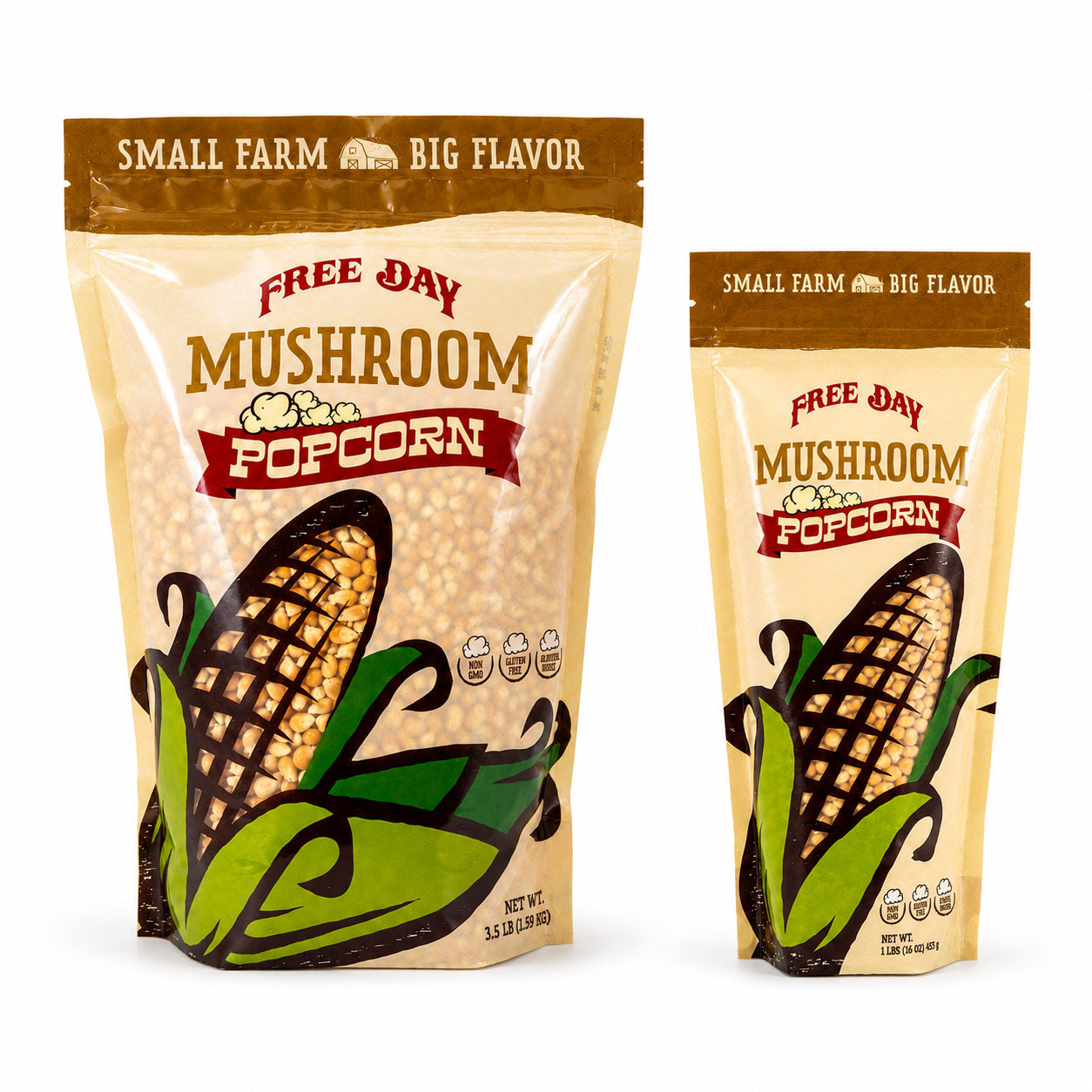 Two packages of Free Day Mushroom Popcorn on a white background