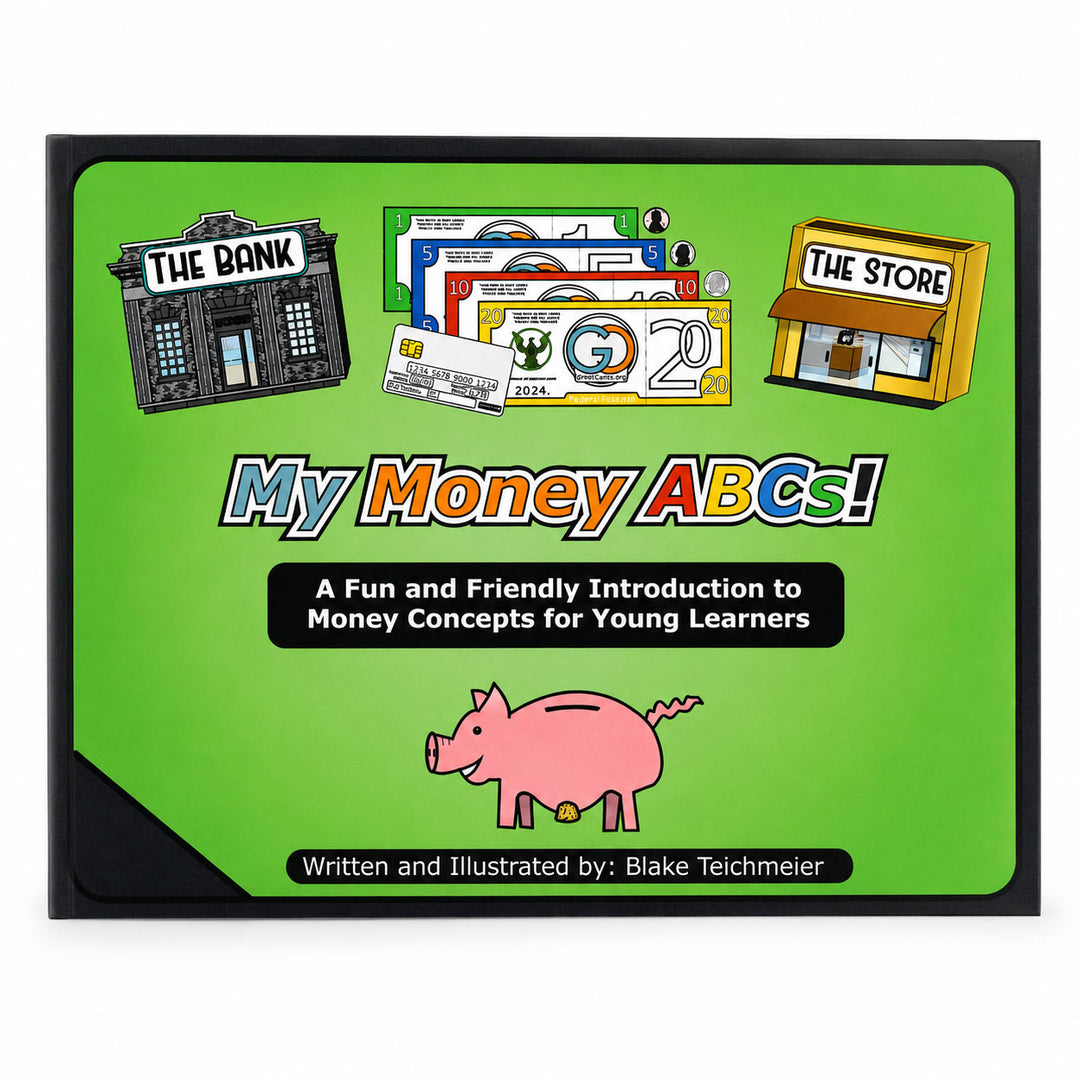 My Money ABCs! educational book cover by Blake Teichmeier, featuring a bright green background with cartoon illustrations of a bank, store, cards, and a pink pig.