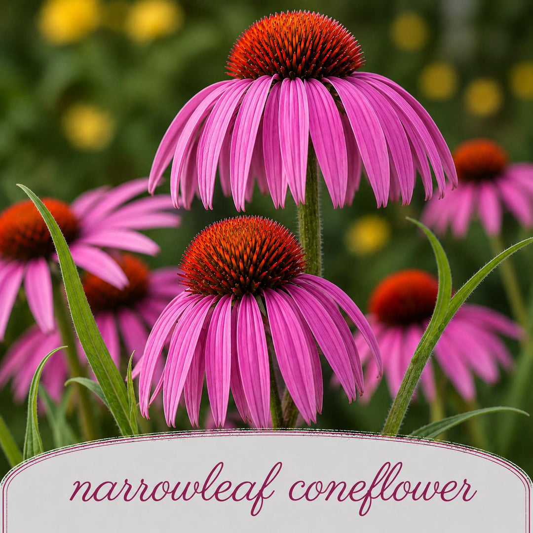Close-up of pink narrowleaf coneflowers with a blurred green background