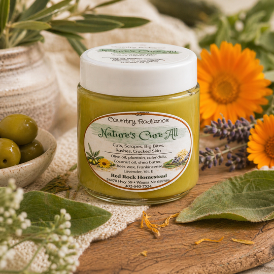 Jar of 'Nature's Cure All' on a wooden surface with natural elements like flowers and leaves.