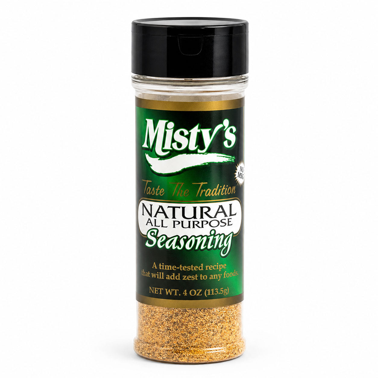 Spice jar labeled 'Misty's Natural All Purpose Seasoning' on a white background