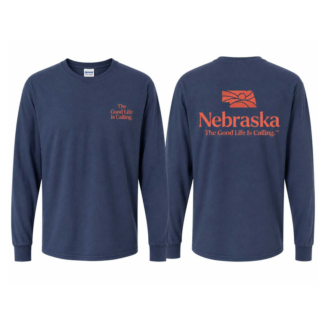 Front and back views of a navy blue long-sleeve t-shirt. The front has a small orange text graphic on the left chest reading 'The Good Life Is Calling.